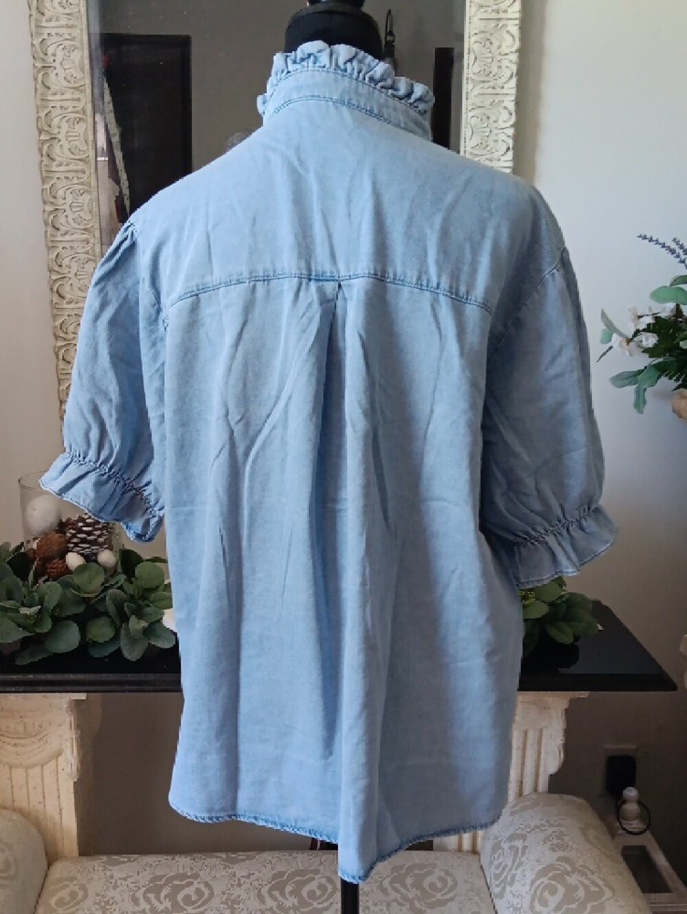 Light Blue Ruffle Collar Button-Up Shirt - Picture 7 of 9